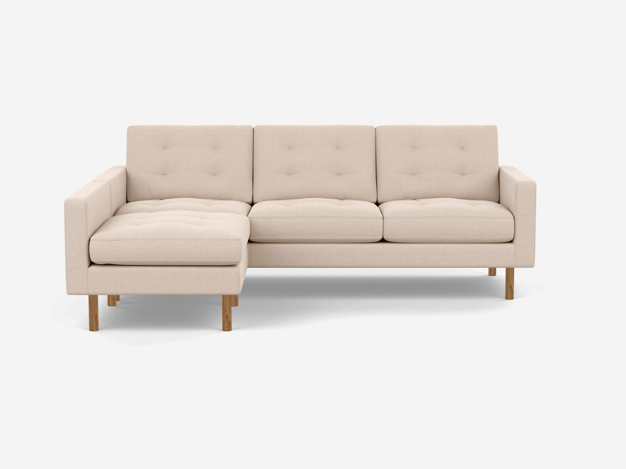 Front view of beige mid century sectional sofa